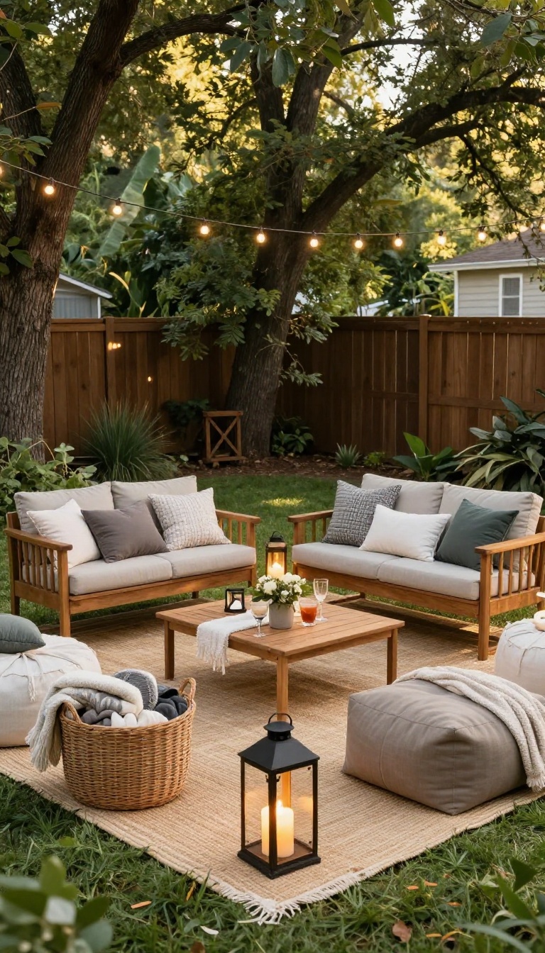 Cozy backyard engagement party lounge zone with mismatched chairs, poufs, blankets, and lanterns grouped on an outdoor rug