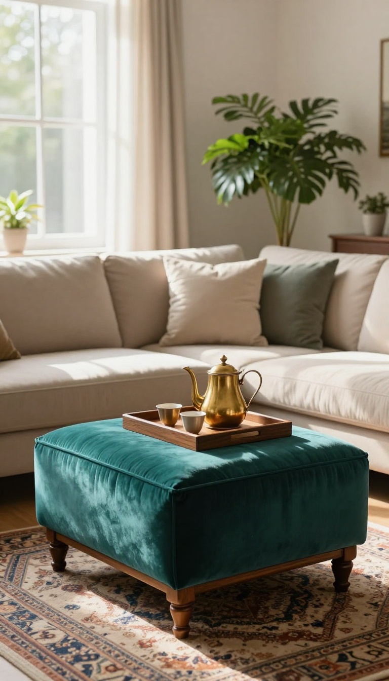 Small Indian living room with a teal velvet storage ottoman serving as a coffee table and footrest, styled with a tea tray and plants.