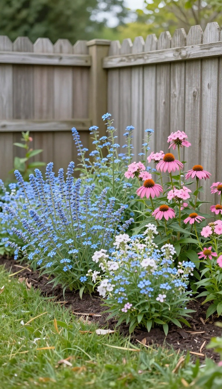 A peaceful backyard perennial flower border with blue salvia and pink coneflowers along a wooden fence in bright natural light