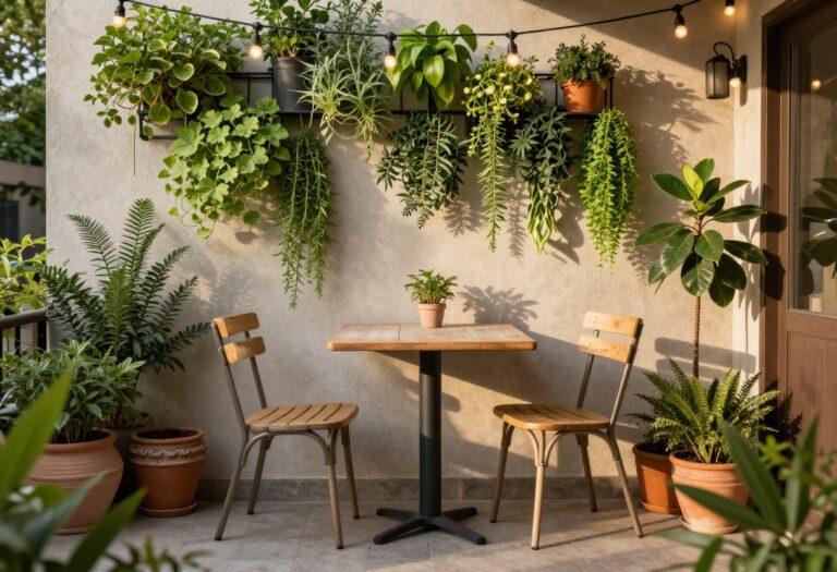 Cozy small patio with bistro table, vertical garden, and string lights
