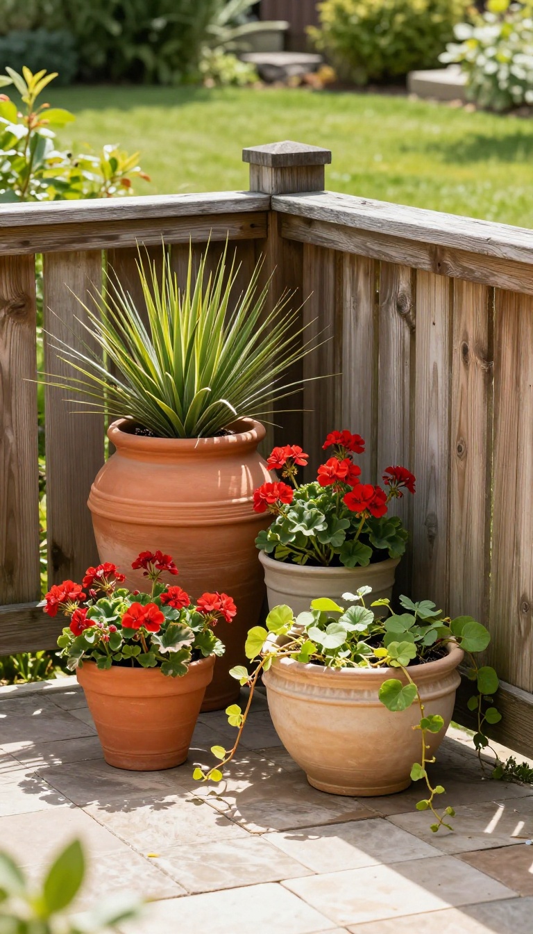 Grouped ceramic planters of different heights with colorful flowers and trailing vines in a sunny backyard corner