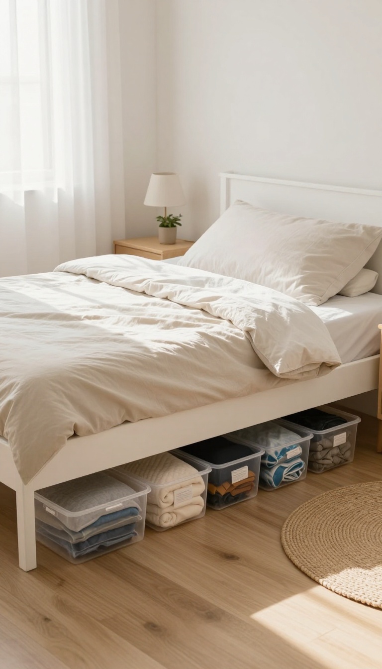 Bright small bedroom with a low platform bed and neatly organized clear rolling storage bins tucked underneath