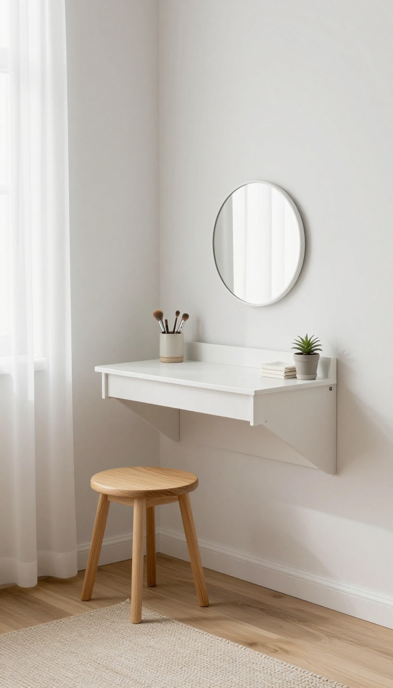Bright small bedroom corner with a white wall-mounted fold-down desk vanity, mirror, and stool