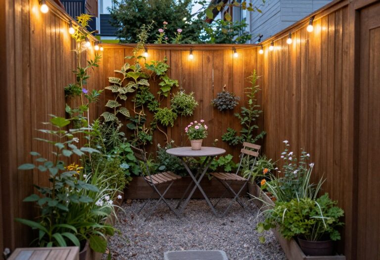 Narrow backyard with a small bistro set, vertical garden, and string lights