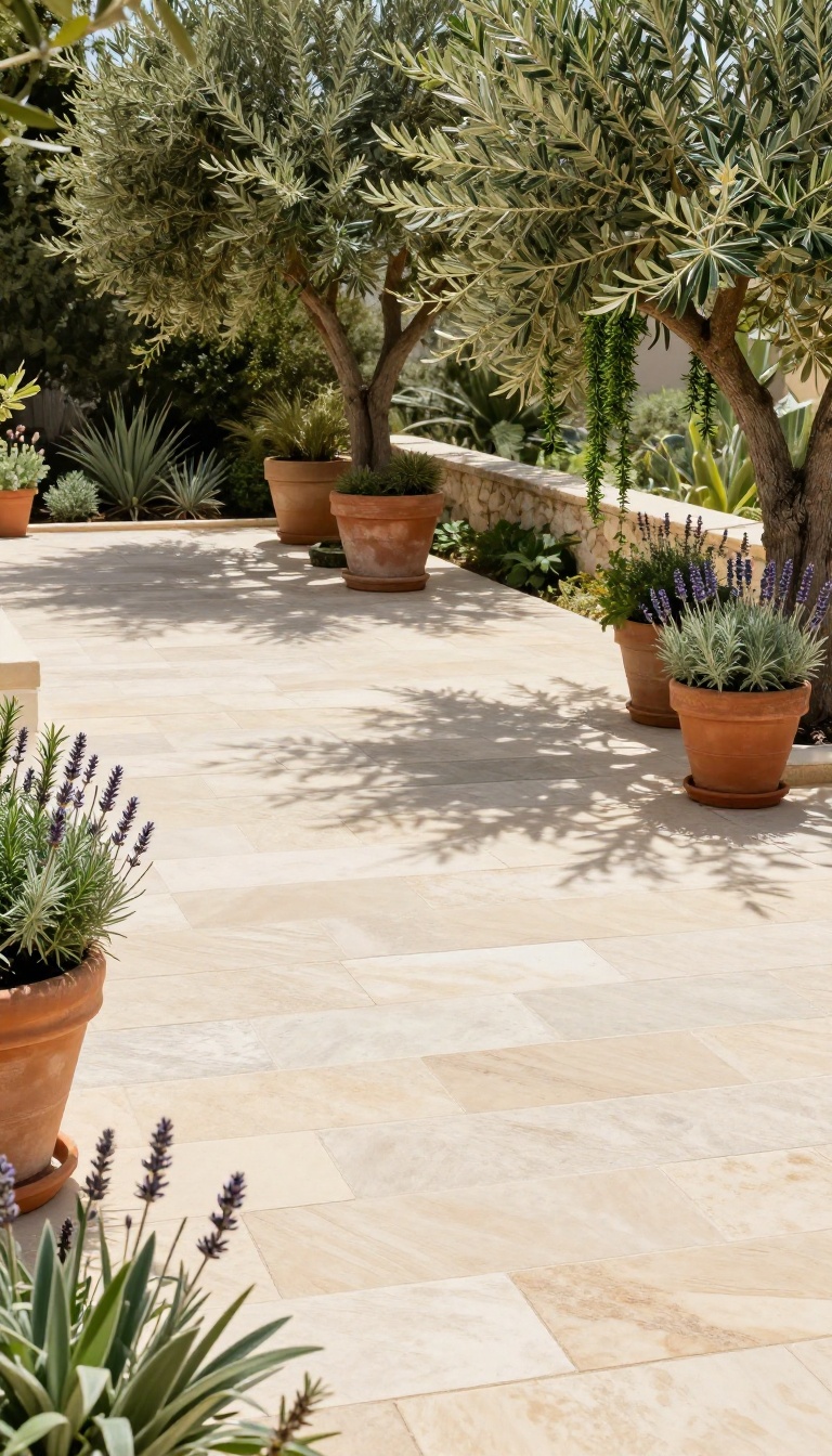 Limestone patio with Mediterranean plants and terracotta pots