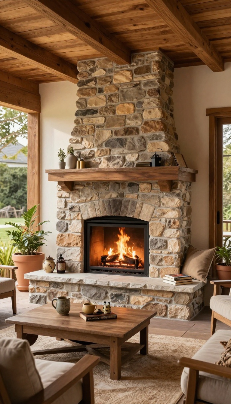 Covered patio with stone fireplace and raised hearth seating, featuring cushions and a mug, in natural light.
