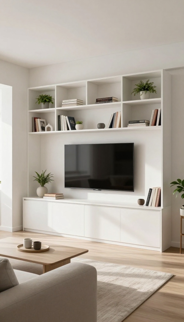 Modern living room with built-in shelving around a TV, blending seamlessly with the wall for a clean, integrated look.