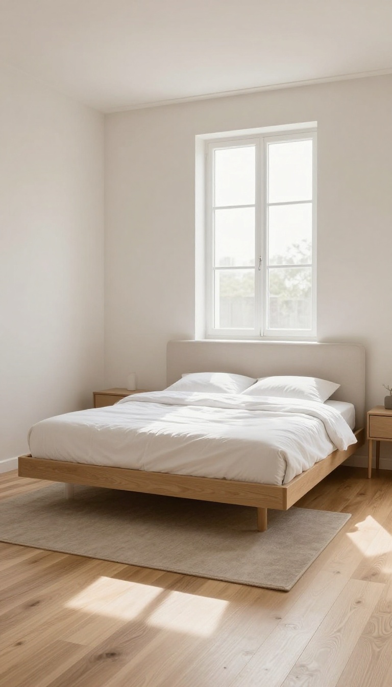 Small square bedroom with a low platform bed floating in the center of the room, leaving walkways on both sides, bright natural light and neutral decor