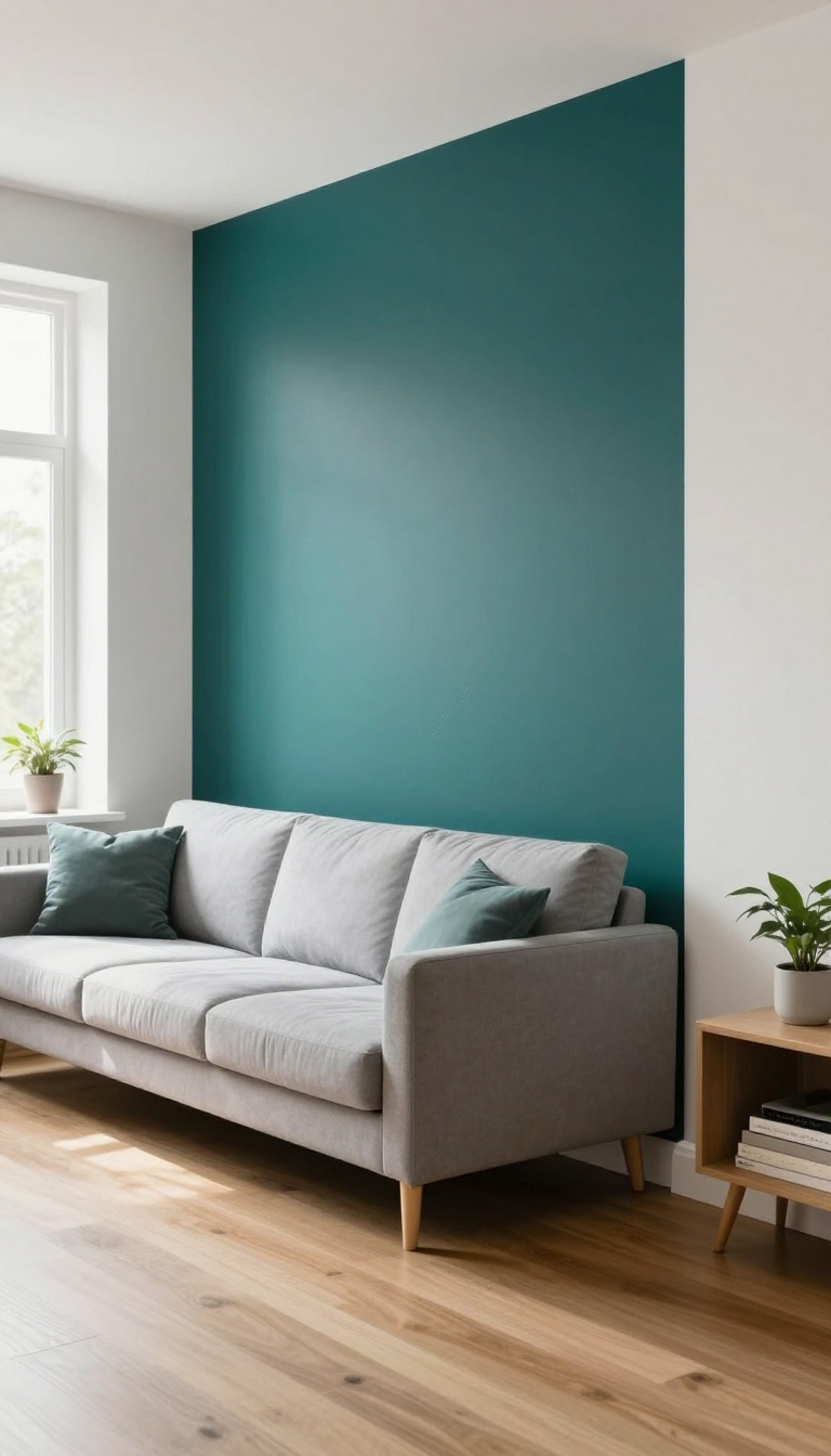 Modern living room with a glossy teal accent wall reflecting natural light behind a gray sofa and matte white walls