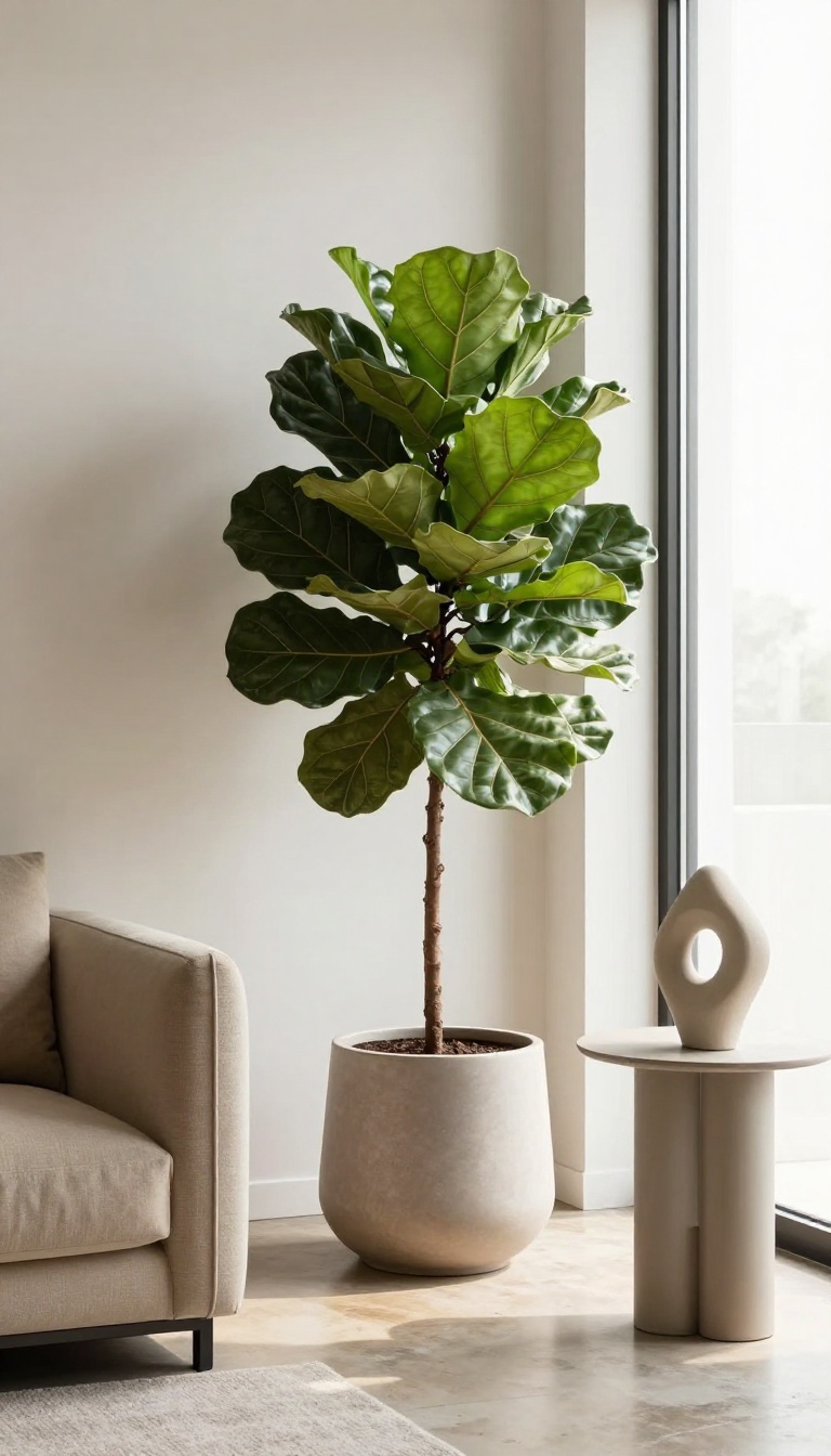 Tall sculptural fiddle leaf fig in a modern ceramic planter beside a bright window in a luxury living room with a neutral boucle sofa