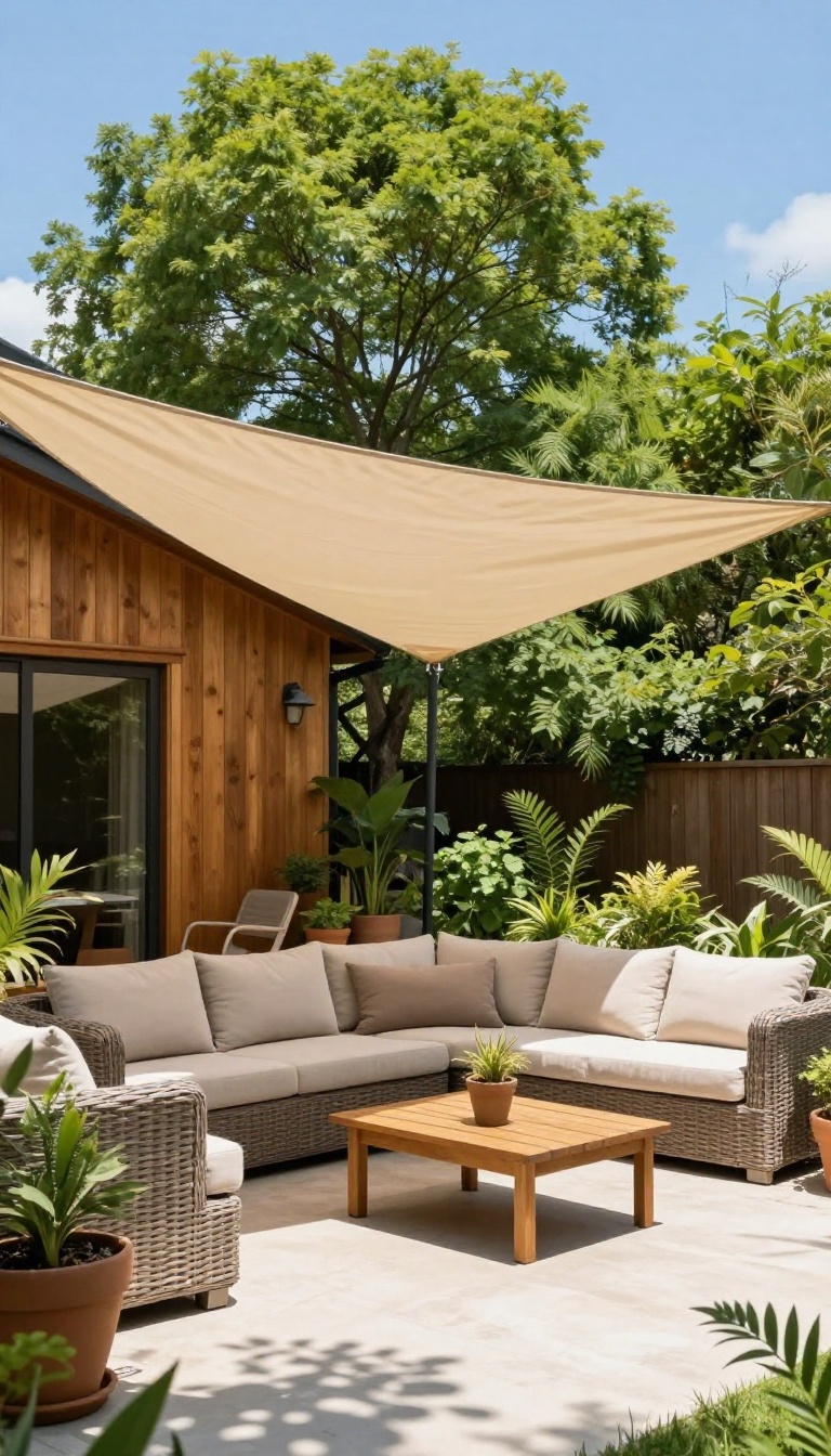 Triangular beige shade sail stretched over a sunny backyard patio seating area to block overhead views from neighboring windows