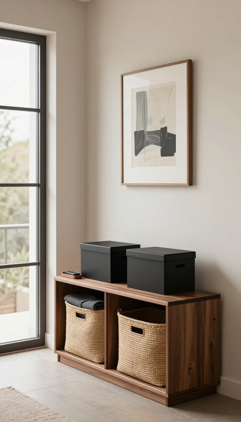 Polished masculine living room with a dark wood media console, woven baskets, and matching lidded storage boxes keeping the space tidy