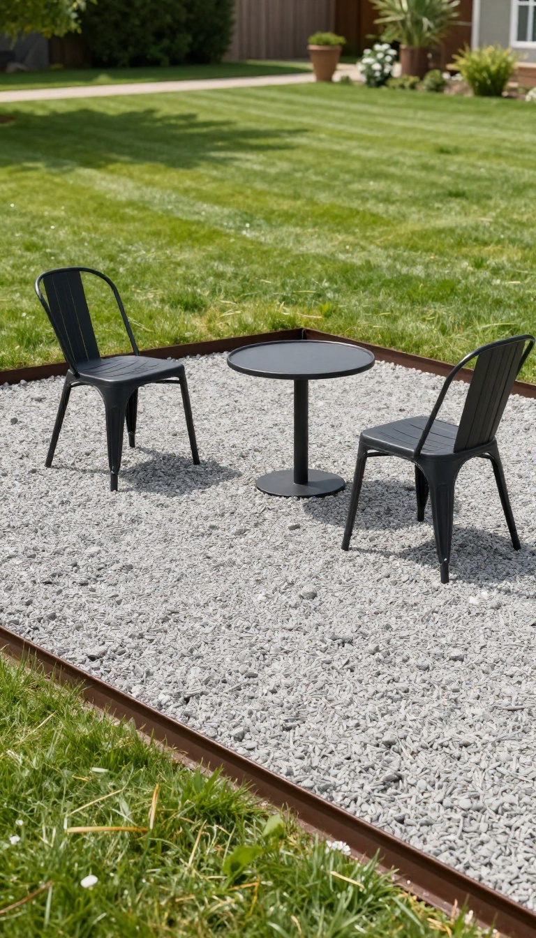 Backyard gravel seating area with steel edging, two chairs, and a small fire pit bordered by a green lawn