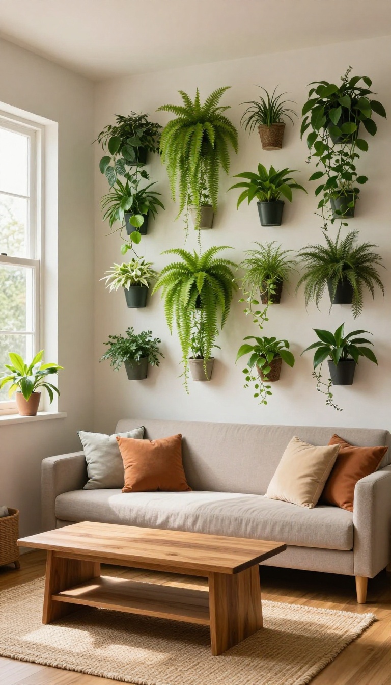 Vertical garden wall planters in a small Indian living room