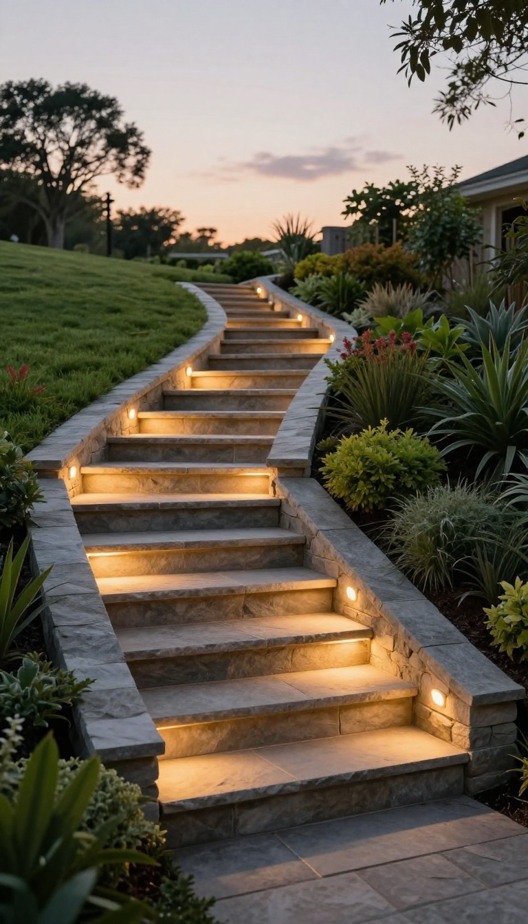 Stone backyard staircase on a sloped hill at dusk with soft recessed step lights glowing along each tread edge and a low retaining wall