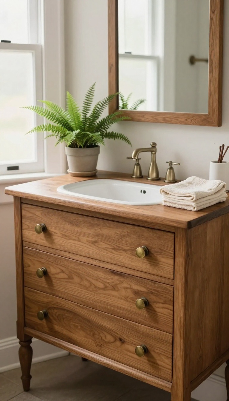 Vintage wooden dresser repurposed into a rustic bathroom sink vanity with a white drop-in sink and natural light