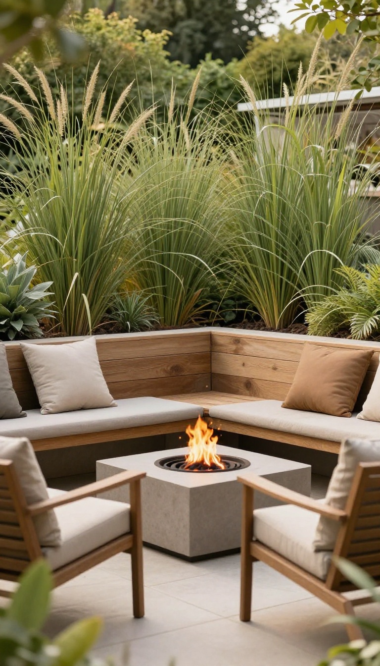 Sunken backyard patio seating area with built-in retaining wall benches and tall planters creating natural privacy screening