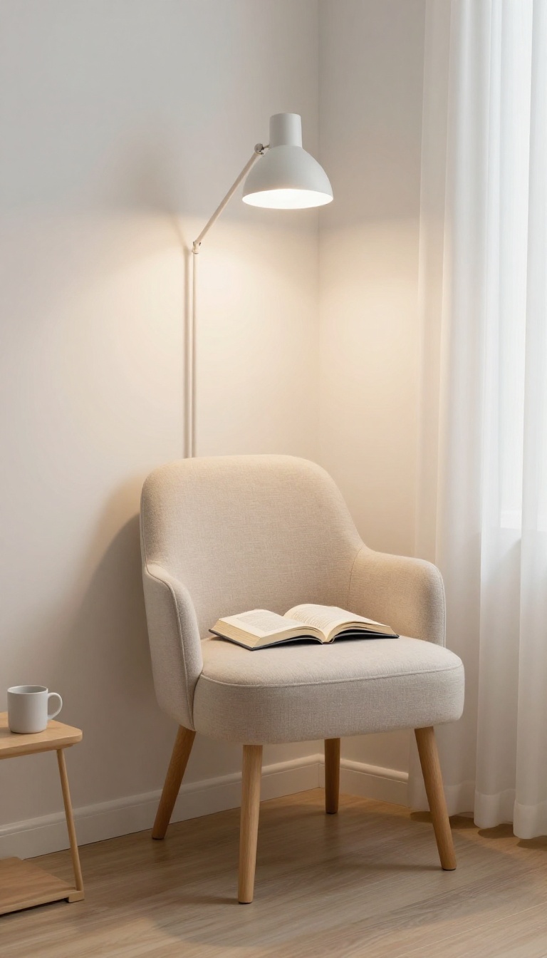Cozy small bedroom corner reading nook with a slim accent chair and adjustable floor lamp in bright natural light