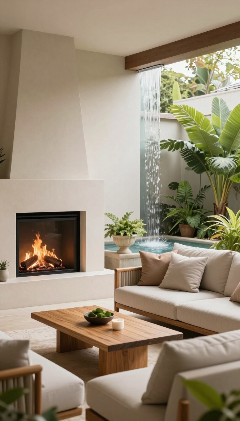 A covered patio with a fireplace and a water feature, creating a spa-like retreat.
