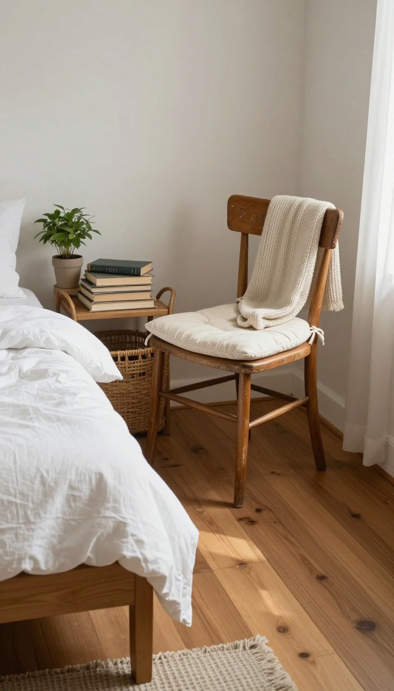 Vintage wooden school chair with a cushion and folded throw in a cozy small bedroom corner with natural light