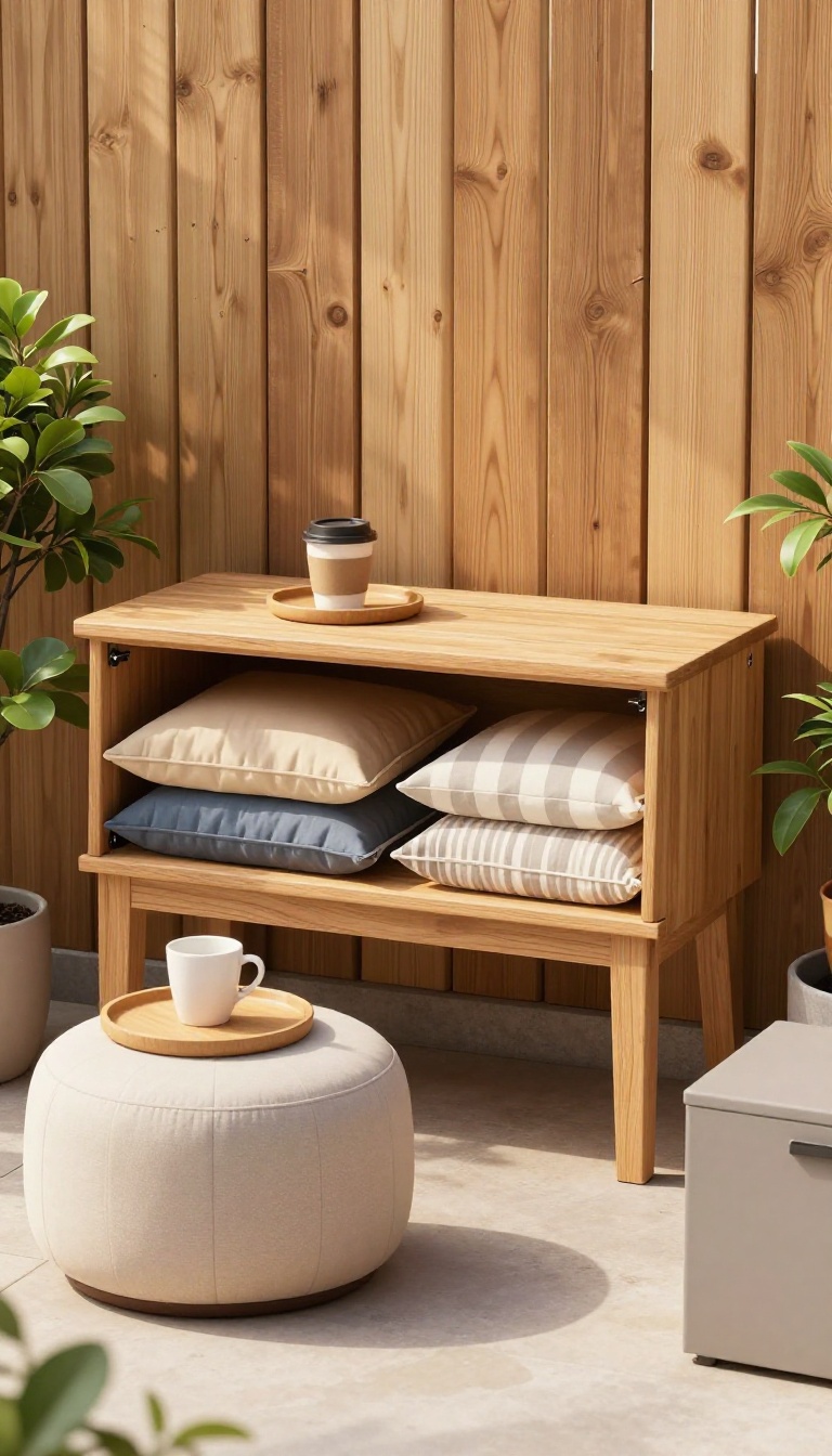 Small patio with a storage bench and ottoman serving as multi-functional furniture