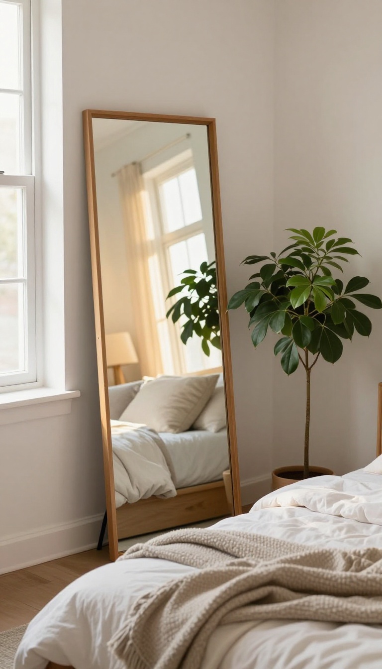 Cozy small bedroom with a large thrifted mirror leaning opposite a sunny window, reflecting light and a potted plant to make the room feel brighter and bigger