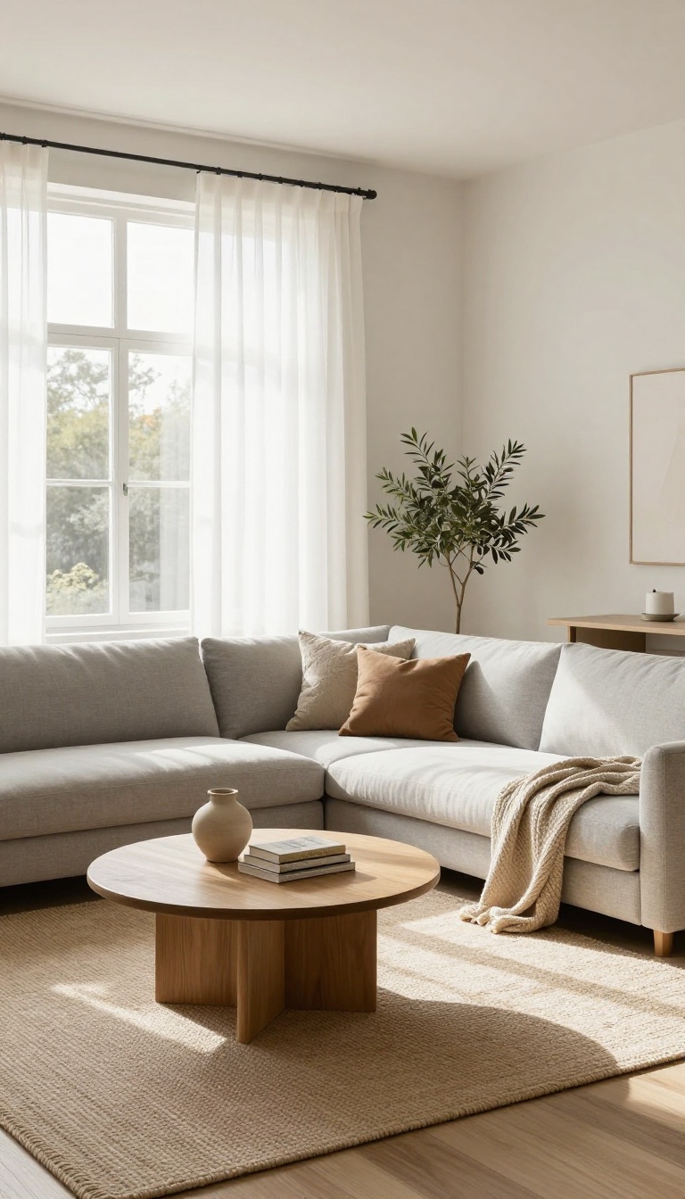 Bright open-plan living room with a light gray L-shaped sectional sofa floating near a window, defining the seating zone from the dining area behind it.