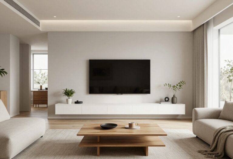 Modern living room with a floating TV unit and minimalist decor
