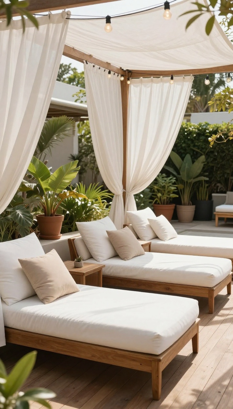 Outdoor daybed with plush cushions and sheer curtains on a wooden patio deck