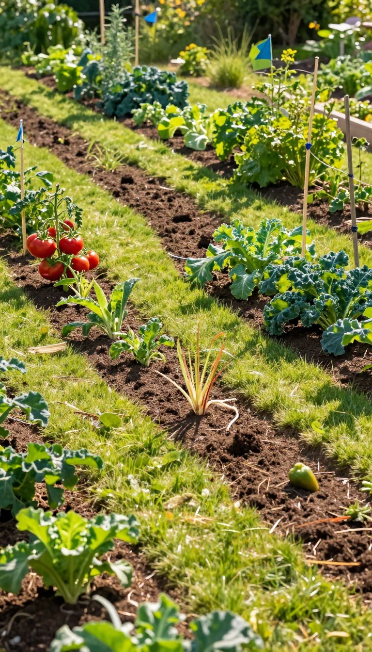 Contoured vegetable garden beds curving along a grassy backyard slope with swales and berms in bright morning light