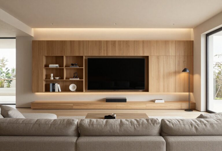 Modern living room with a stylish entertainment center and TV