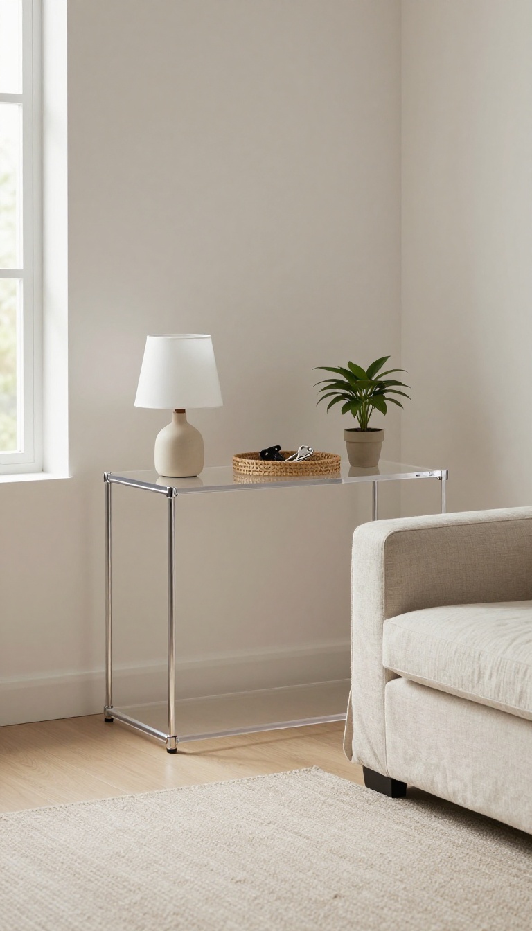 Bright small living room with a clear acrylic console table holding a lamp and tray, styled to feel open and airy