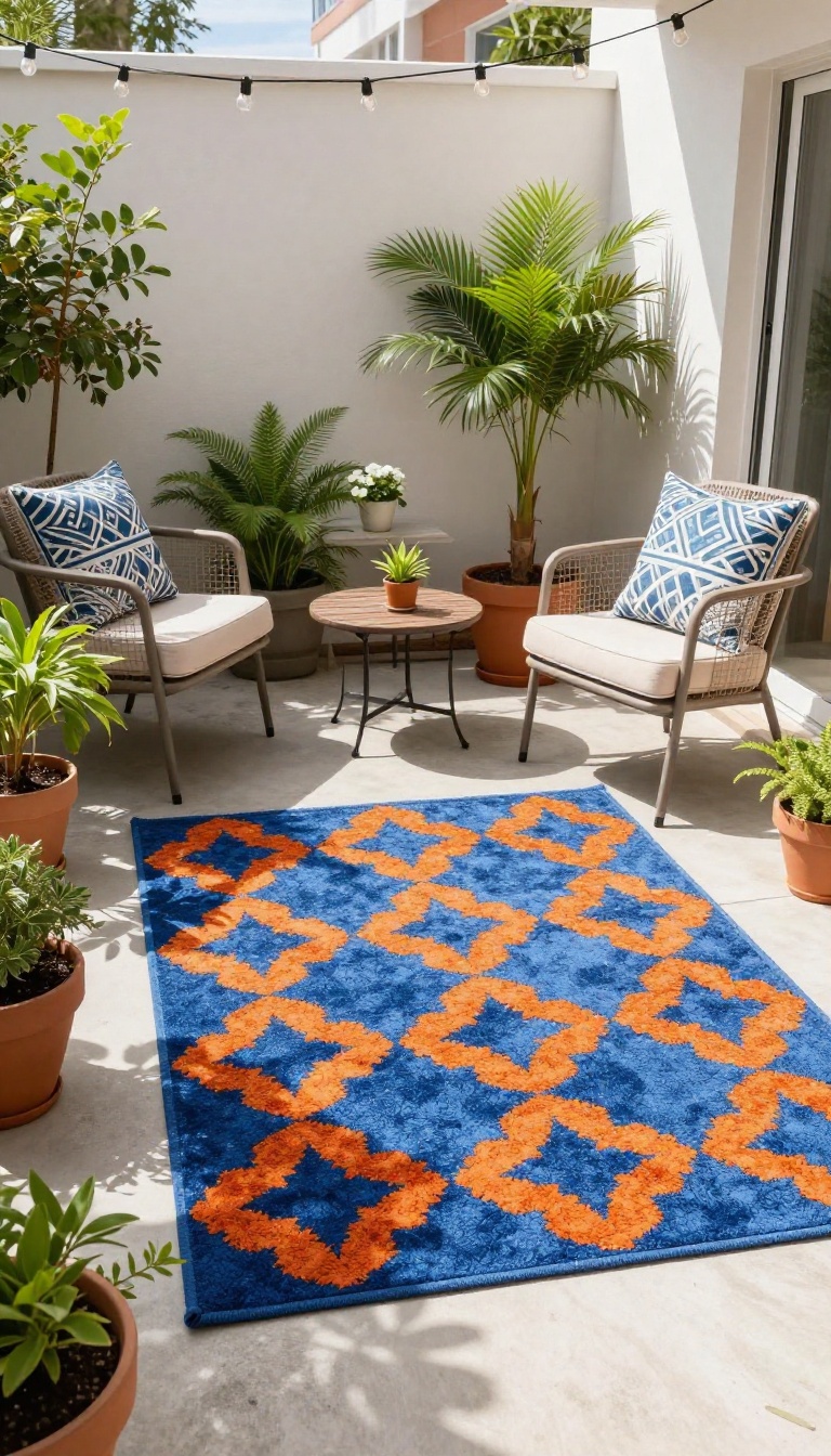 Cozy apartment patio with a colorful outdoor rug defining a seating area, potted plants, and bistro furniture in natural light.