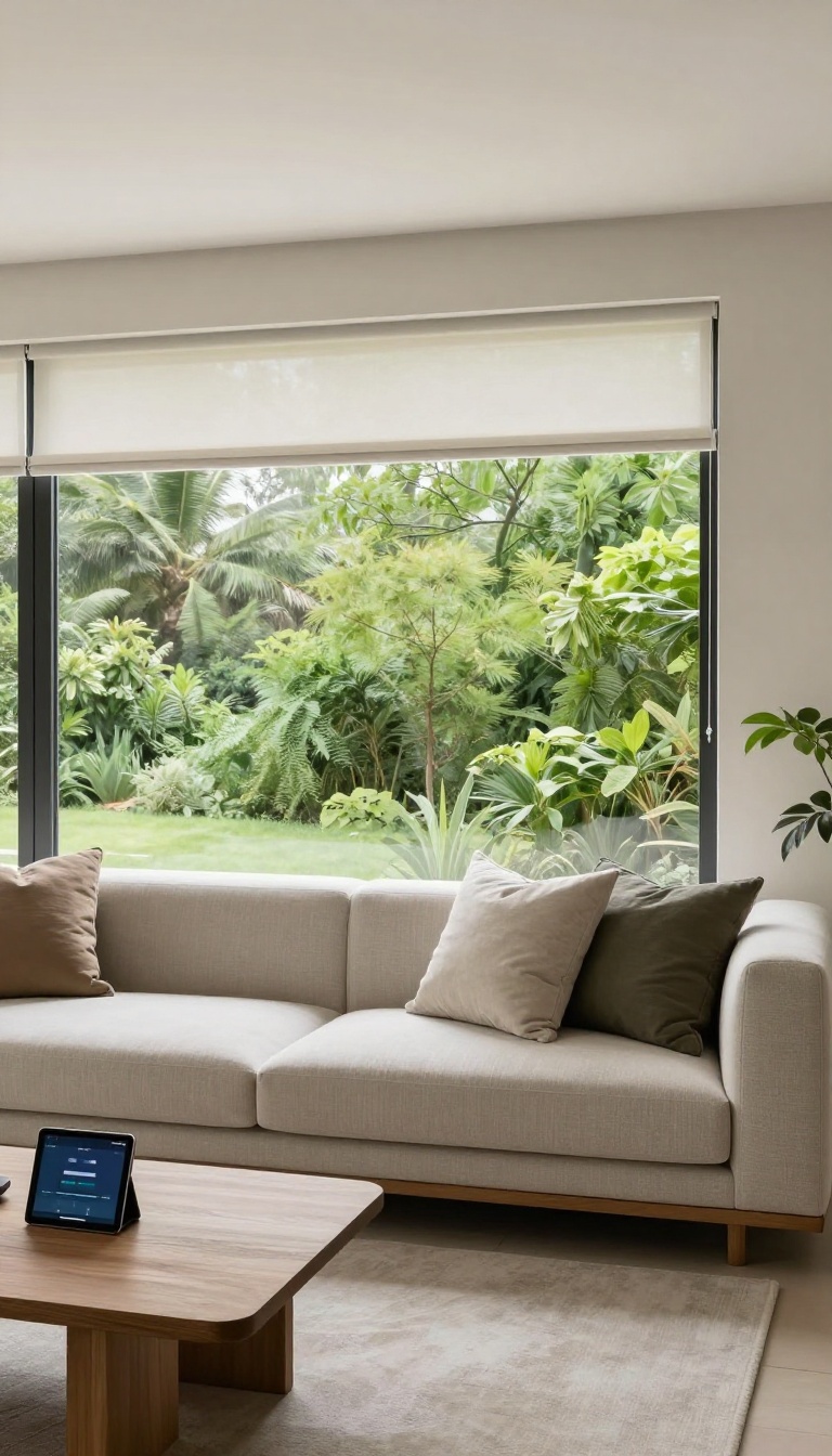 Motorized blinds in a bright modern living room, partially open to let in natural light, with a view of greenery outside.