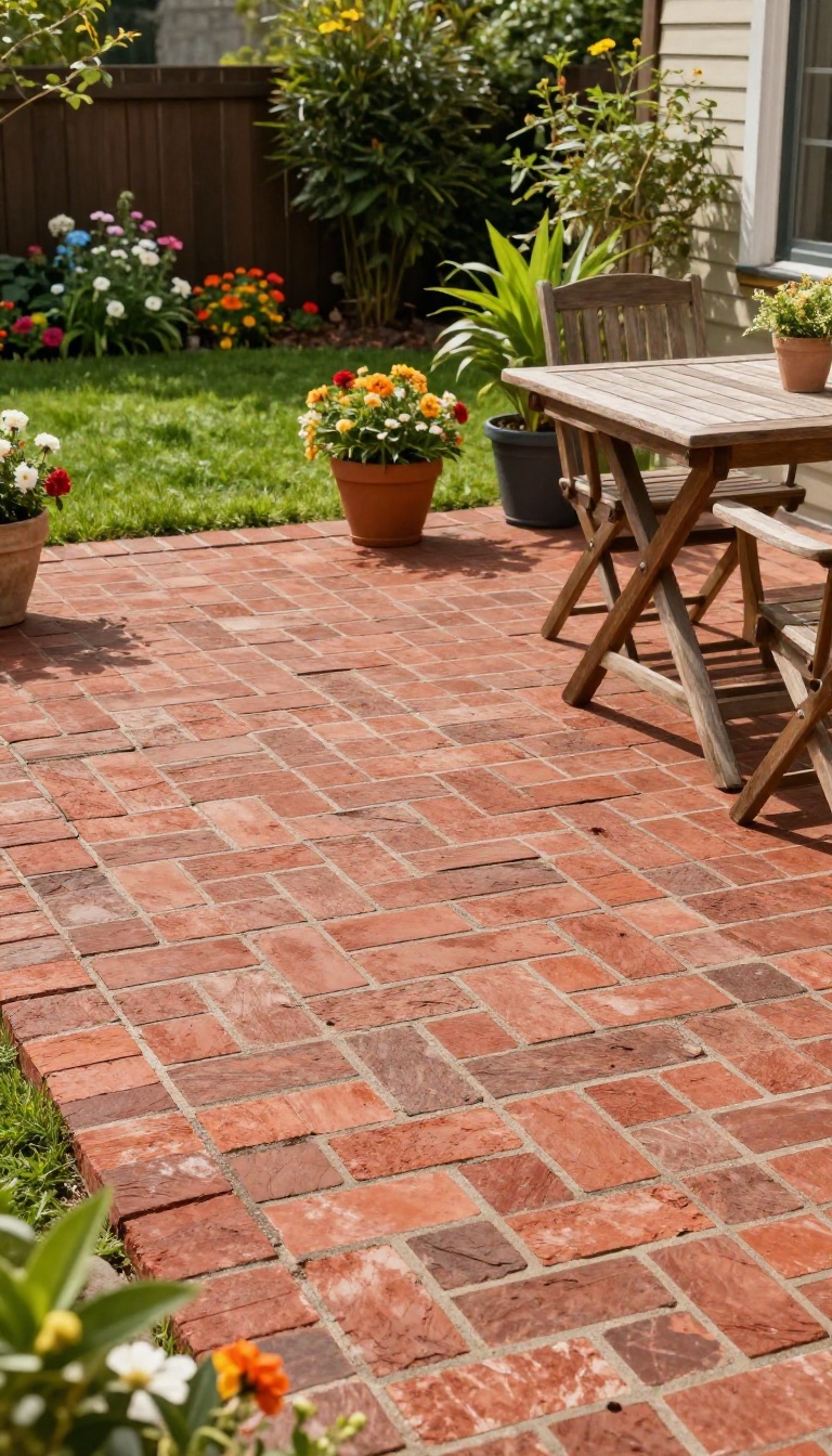 Classic brick patio with herringbone pattern surrounded by greenery and flowers
