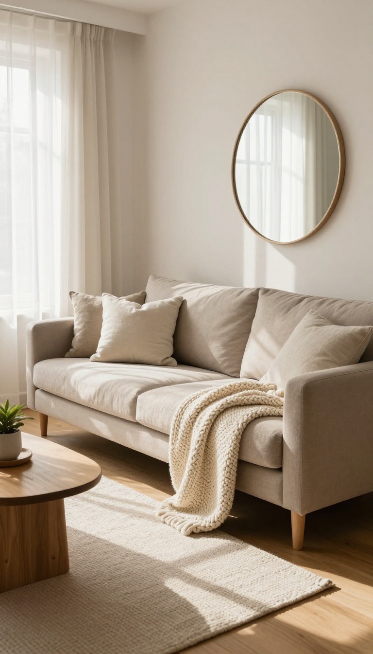 Bright living room with taupe sofa, sheer curtains, and mirror to enhance light and space