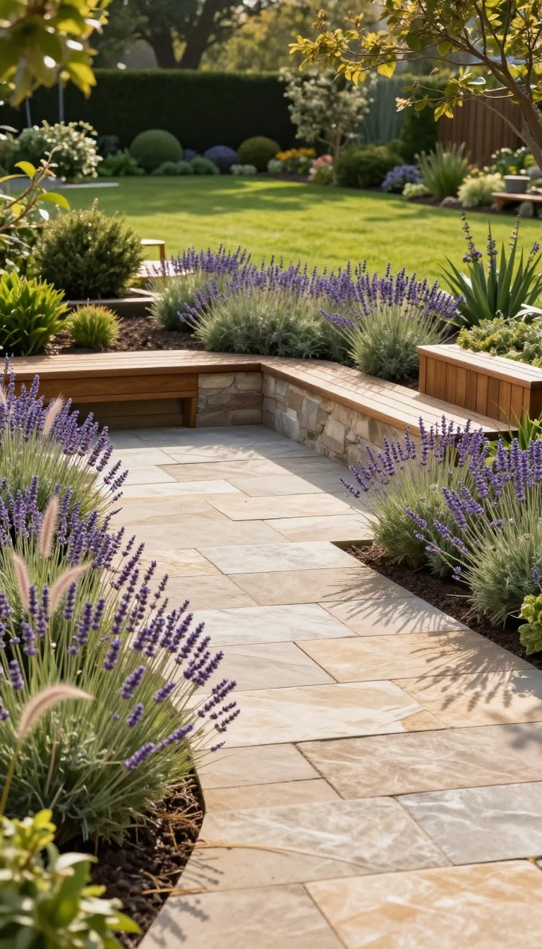 Stone patio bordered by ornamental grasses and lavender in a large backyard with a wooden deck and layered garden beds