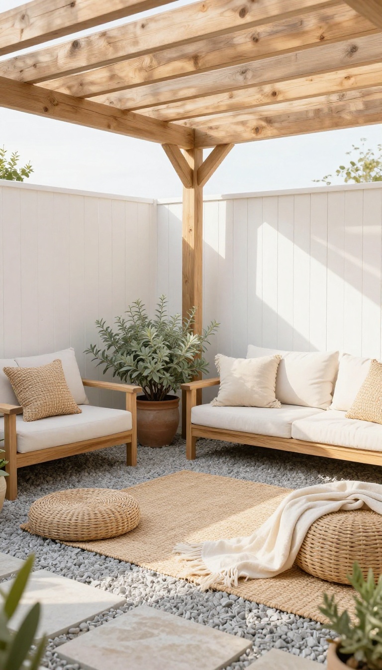 Small bright backyard with a soft white fence, pale gravel, natural wood furniture, and woven textures that make the space feel open and inviting