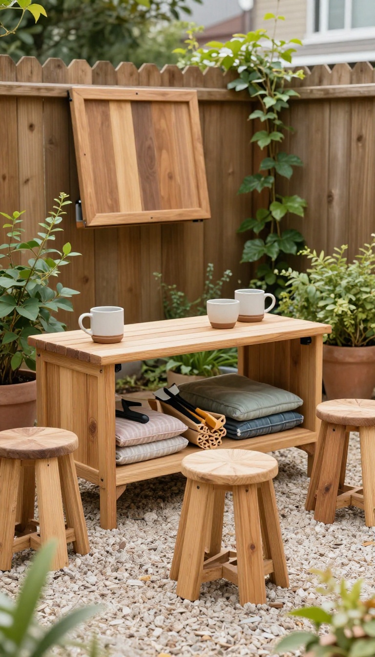 Small backyard patio with a storage bench, fold-down table, and nesting stools making the most of limited space