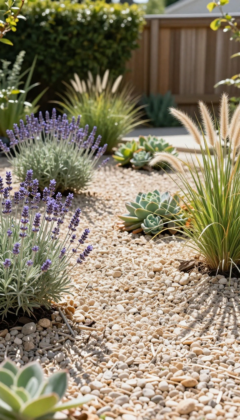 Small backyard gravel garden with lavender, sedum, and ornamental grasses growing through pale pea gravel mulch in bright sunlight