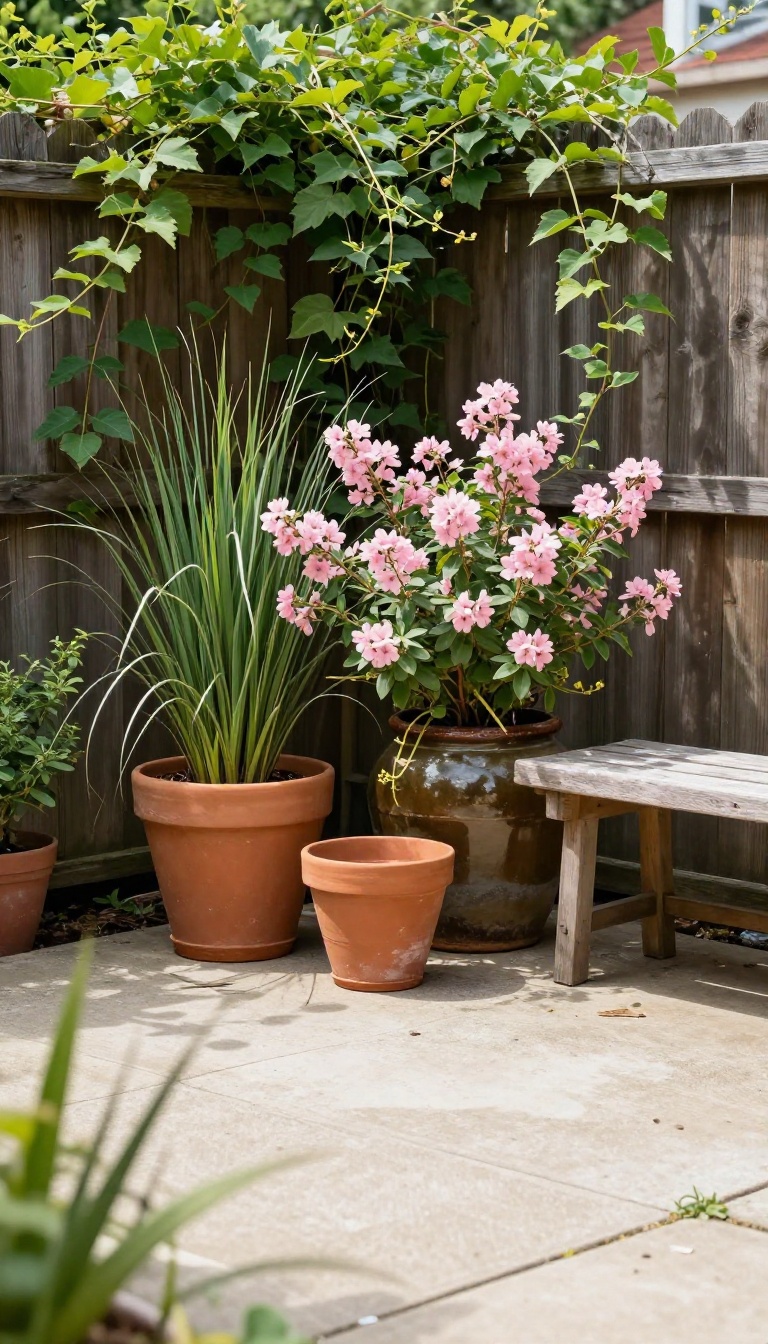 Cluster of potted plants in terracotta and ceramic containers softening a concrete courtyard patio with a wooden fence and bench in bright natural light