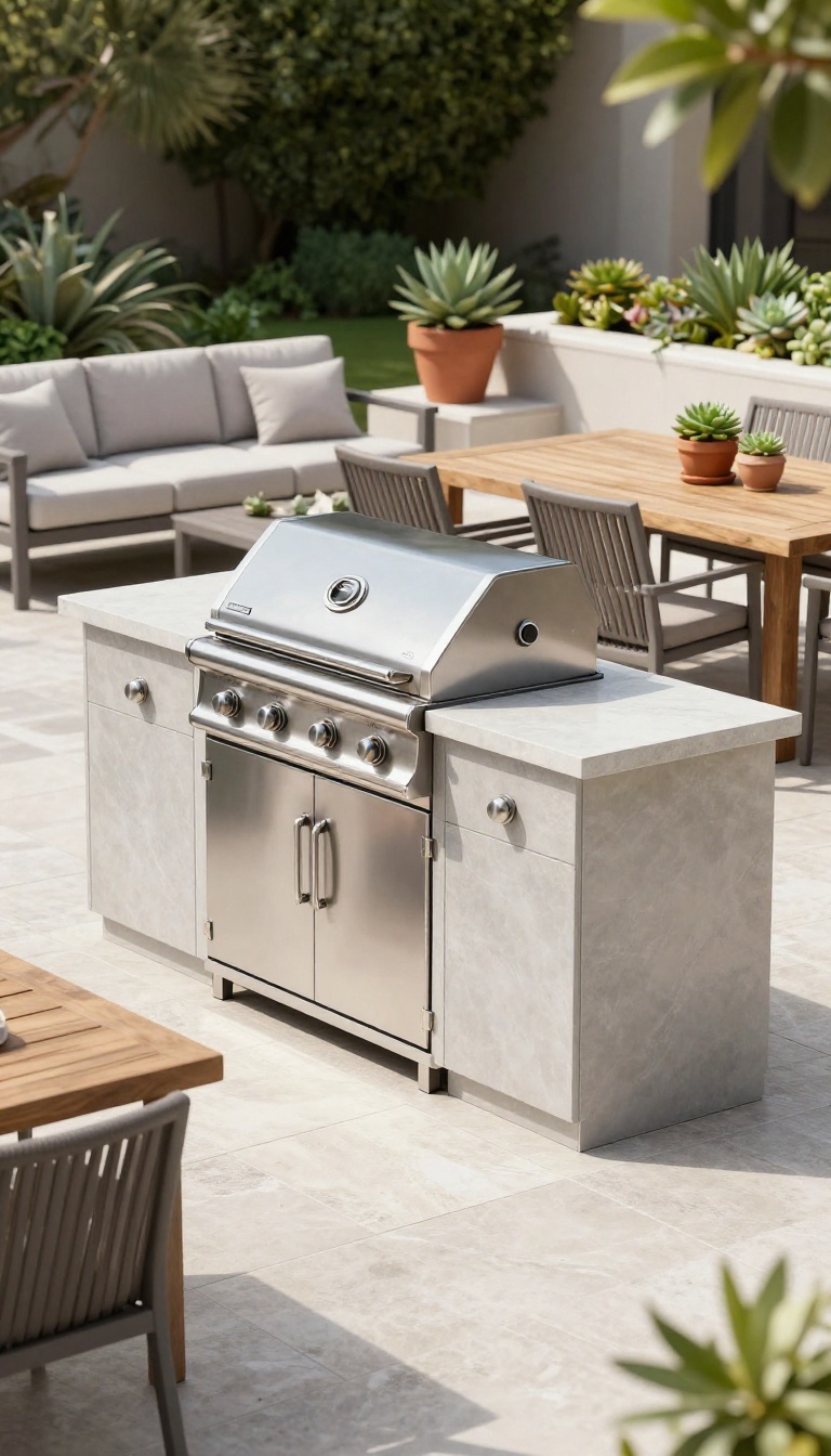 Backyard patio with an outdoor kitchen and grill station, featuring a grill with counter space, storage, and comfortable seating, surrounded by greenery in bright daylight.