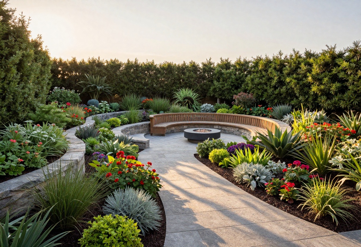 Terraced backyard on a slope with stone path and fire pit seating area