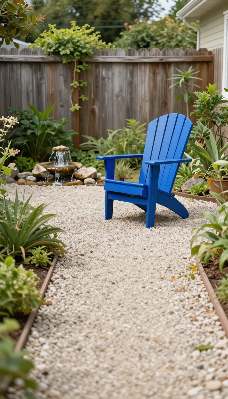 Small backyard with a bright blue chair as a focal point at the far end, framed by greenery and a curving gravel path