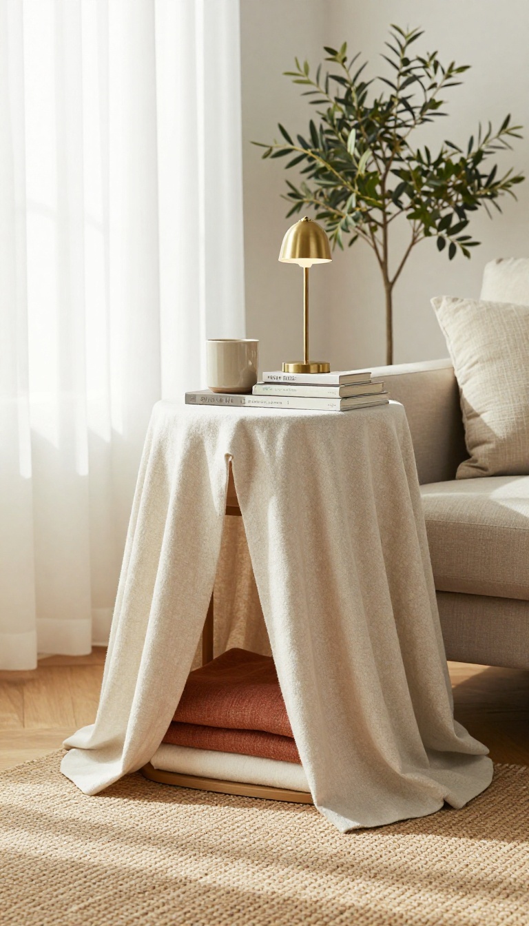 Slipcovered side table with a hidden compartment storing folded throw blankets in a bright neutral living room