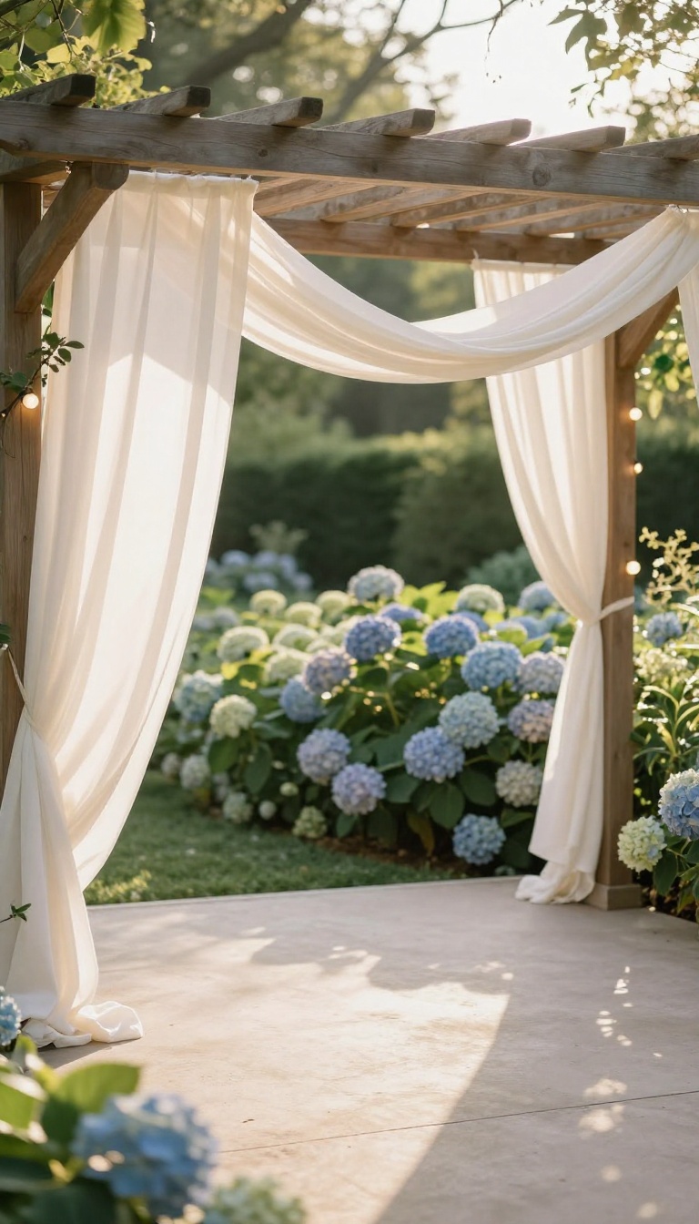 Romantic chiffon fabric backdrop hung from a wooden pergola in a sunlit backyard, styled for engagement party photos and toasts