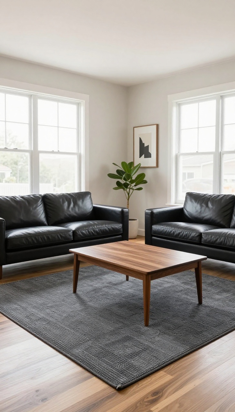 Masculine living room with a charcoal low-pile geometric area rug defining the seating area under a leather sofa and armchairs