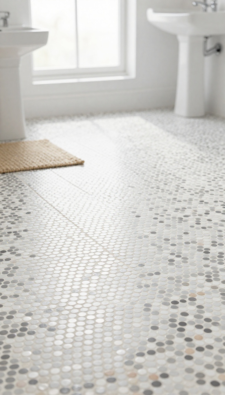 Small powder room floor finished with peel-and-stick mosaic tile sheets in soft white and gray penny rounds, lit by bright natural light near a pedestal sink