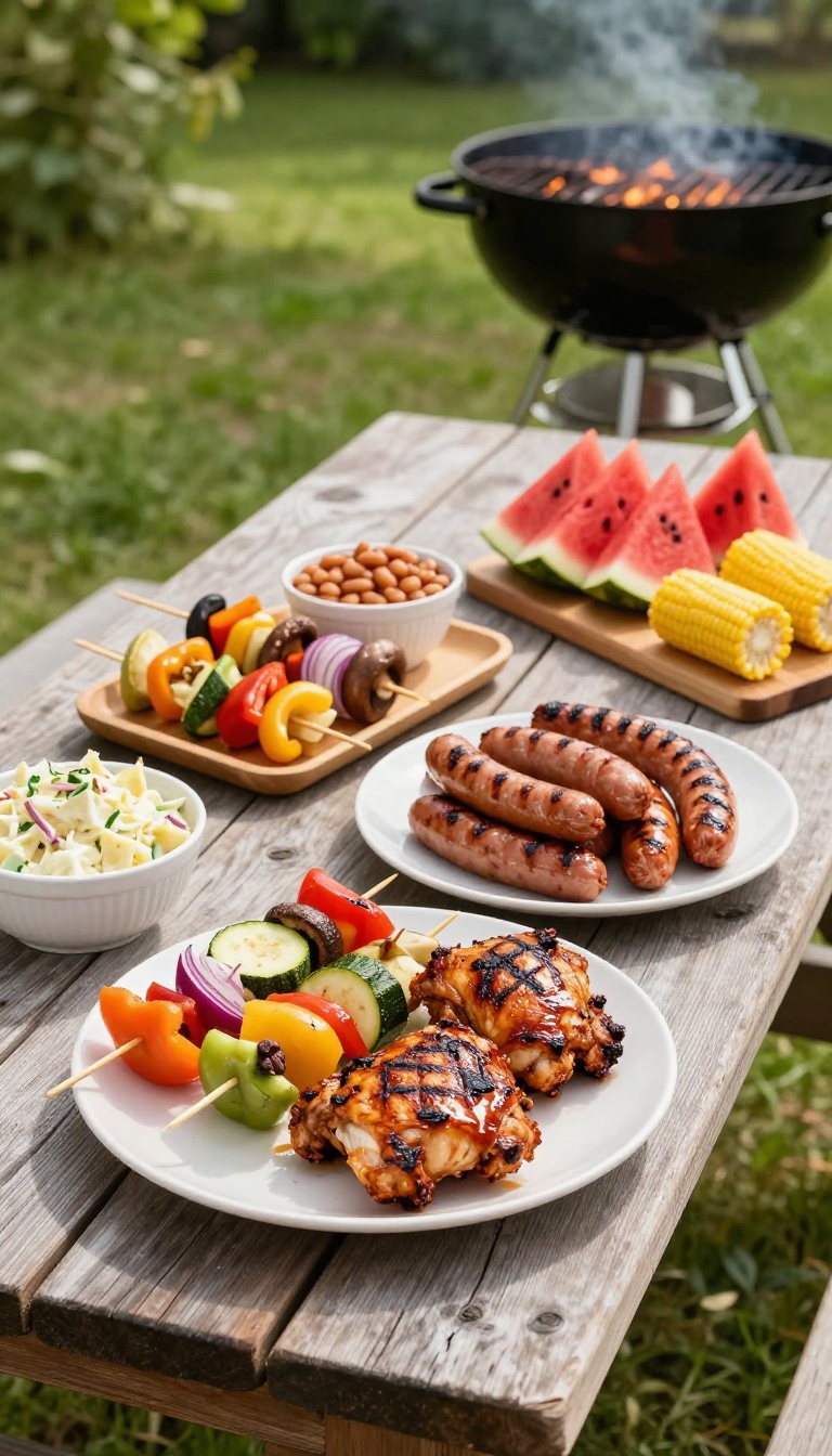 Backyard BBQ table spread with grilled chicken thighs, sausages, veggie skewers, potato salad, coleslaw, baked beans, corn on the cob, and watermelon wedges in bright natural light