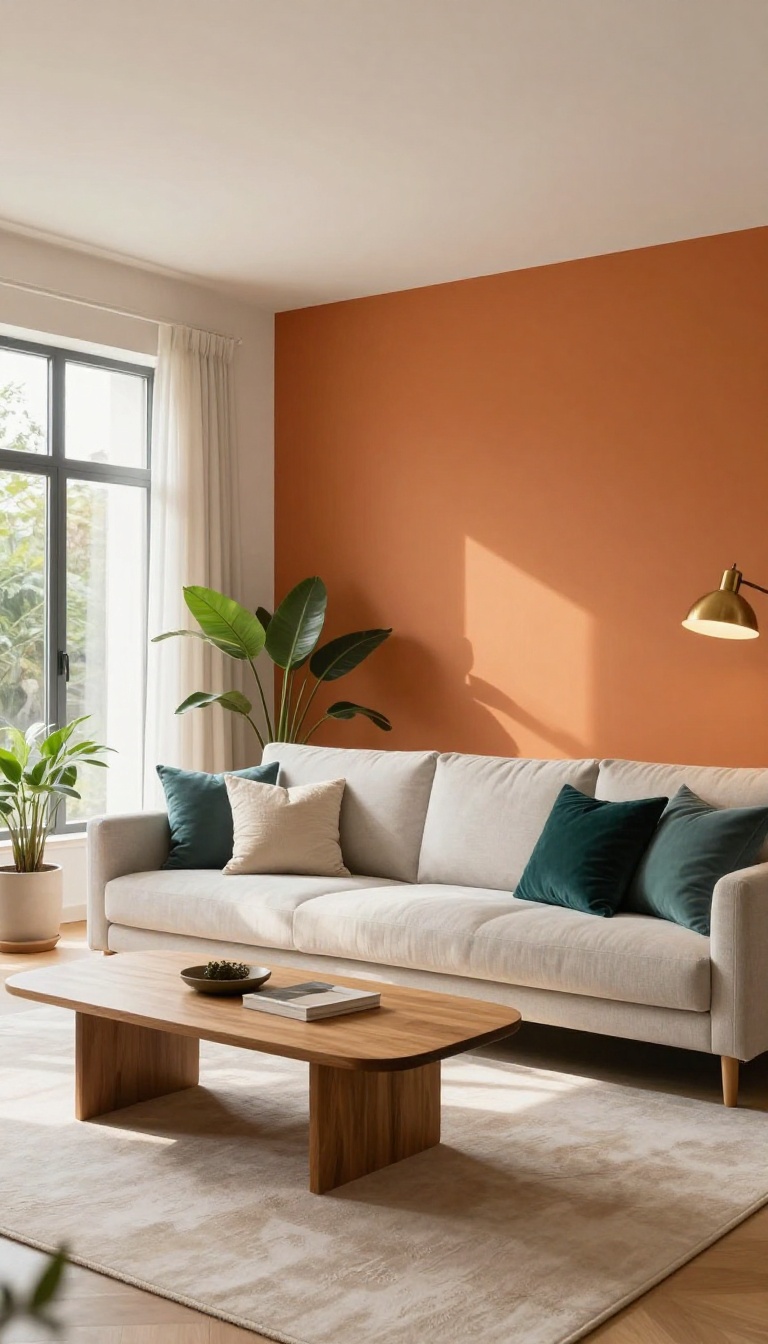 Living room with a burnt orange accent wall behind a neutral sofa, styled with cream and teal pillows, wood furniture, and warm natural light